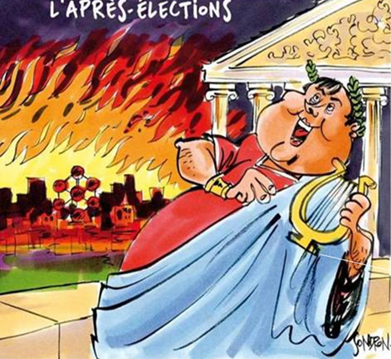 Political cartoon by Sondron depicting Bart De Wever as Nero